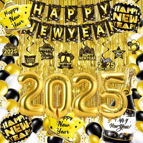 Yoidsan New Years Eve Party Supplies 2025 Happy New Year Decorations, 66Pcs New Years Kit with New Year Banner, Fringe Curtains, Foil Balloons, Happy New Year Hanging Swirls for Happy NYE