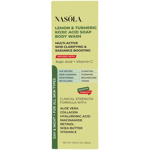 Nasola Lemon Turmeric Kojic Acid Soap Body Wash - Natural Gentle Face & Skin Cleanser with Vitamin C, Shea Butter, Collagen, Niacinamide, Hyaluronic Acid, and Aloe Vera - 11.83 Fl Oz