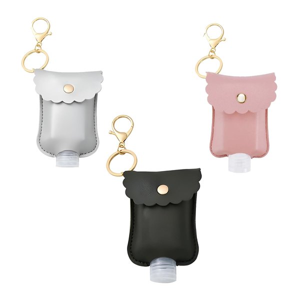 Pcmursal 3 Packs Small Hand Sanitizer Holder Mini Hand Sanitizer Holder Hand Sanitizer Portable Leather Sanitizer Holder Empty Bottles (Black, Pink, Grey)