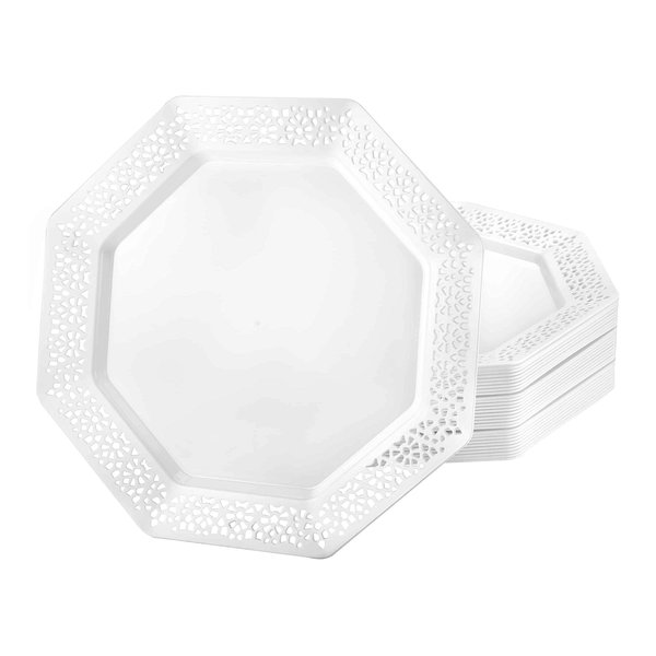 Lillian Collection Plastic Plates -9.25" | Pearl Lacetagon | Pack of 10