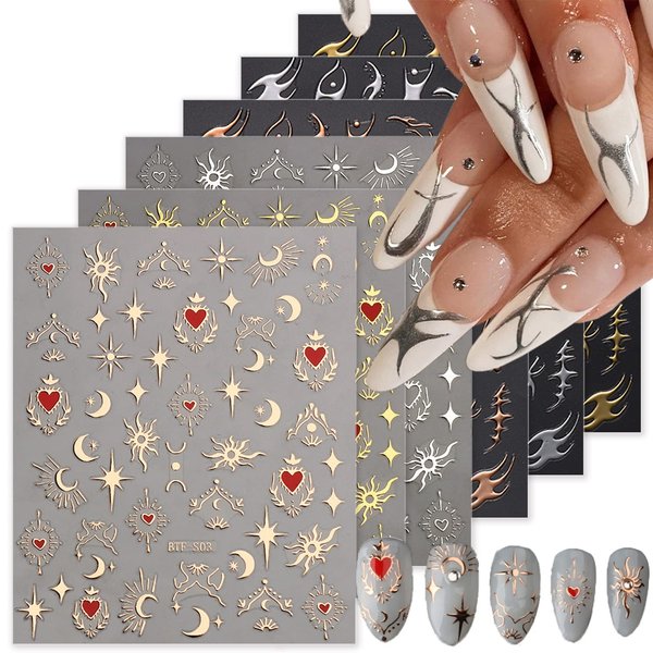 6 Sheets Sun Star Nail Art Stickers Moon Nail Stickers Fish Bone Nail Decals Gold Rose Sliver Fish Bone Moon Star Design Nail Art Supplies for Women Girls Acrylic Nails Decorations Salon Accessories