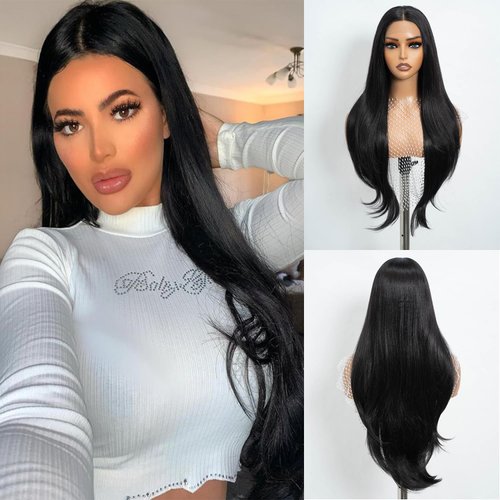 REBECCA STYLE Long Black Straight Wigs 30 Inch Synthetic Lace Front Wig for Women Pre Cut HD Lace Wig Middle Part Put On Go Glueless Wigs with Natural Hairline