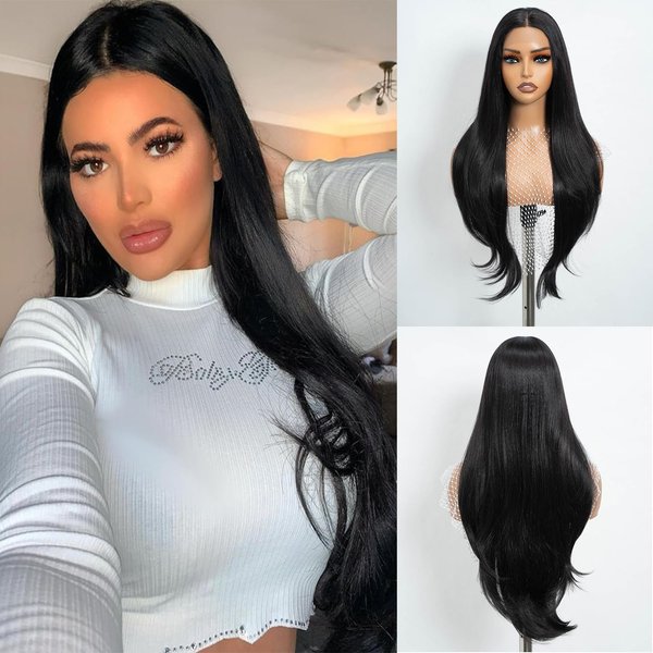 REBECCA STYLE Long Black Straight Wigs 30 Inch Synthetic Lace Front Wig for Women Pre Cut HD Lace Wig Middle Part Put On Go Glueless Wigs with Natural Hairline