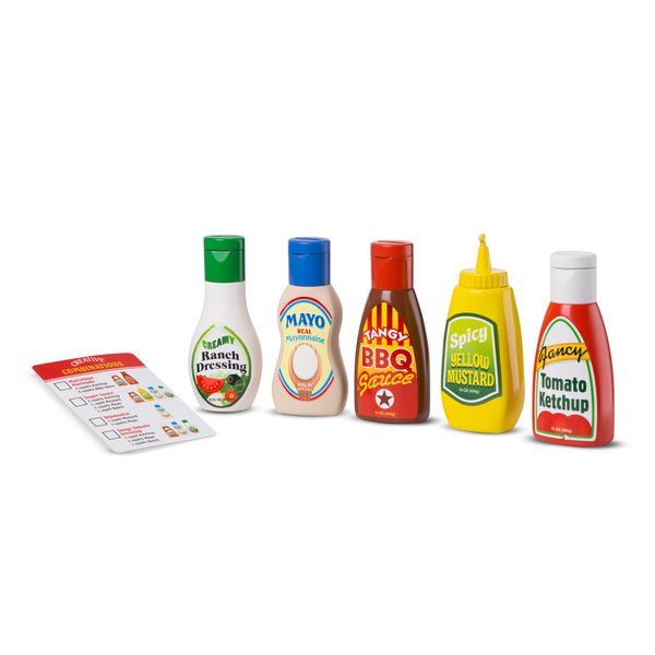 Melissa & Doug 5-Piece Favorite Condiments Play Food Set - Play Ketchup and Mustard Bottles, Pretend Play Food Set For Kids Ages 3+