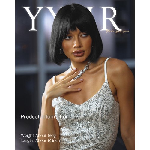YYHR BLunt Cut Bob Wig With Bangs 14" Shoulder Length Yaki Straight Synthetic Hair Wigs Black Bob Daily Costume Wig Hair Replacement Wigs (14Inch,1B)