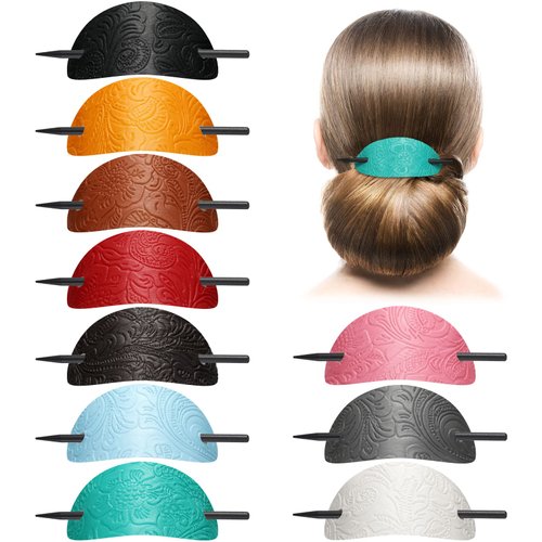 Leather Hair Clip with Stick Faux Leather Hair Barrette Hair Tie Leather and Stick Hair Slide Oval Shape Hair Pins Ponytail Holders Hair Accessories for Women Girls (Vivid Style,10)