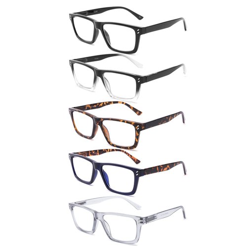 Yuluki 5 Pack Reading Glasses Blue Light Blocking for Men Women，Square Frame Computer Readers with Comfort Spring Hings,Anti Glare/Eyestrain 3.5