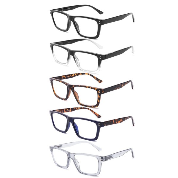 Yuluki 5 Pack Reading Glasses Blue Light Blocking for Men Women，Square Frame Computer Readers with Comfort Spring Hings,Anti Glare/Eyestrain 3.5