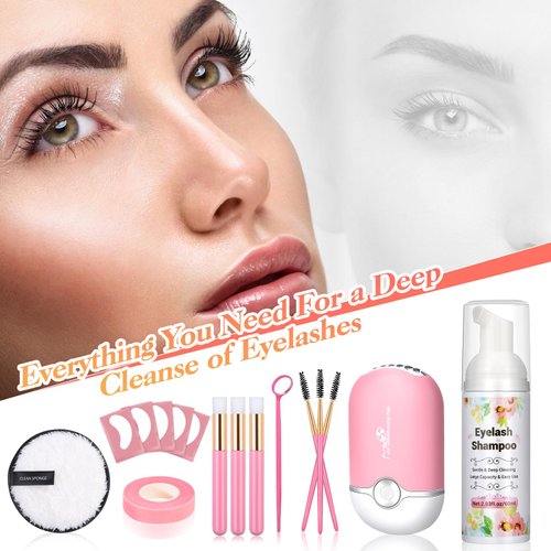 Lezmarket Lash Shampoo for Lash Extensions with Eyelash Fan Dryer, Gentle Eyelash Shampoo Foam, Eyelash Cleanser for Lash Wash, Lash Extension Kit for Beginners Cleaning Brush Professional & Self