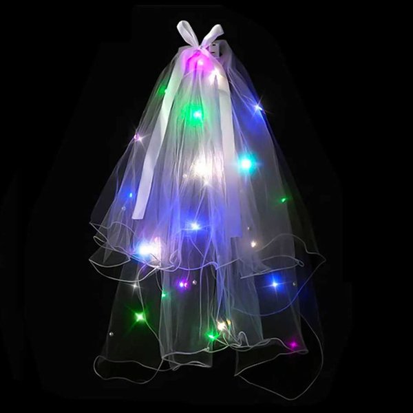 JONKY 2 Tier Led Bride Wedding Veil White Light up Pencil Edge Bridal Veils with Hair Clip Glowing Party Club Statement Headpieces for Women(Multi-color)