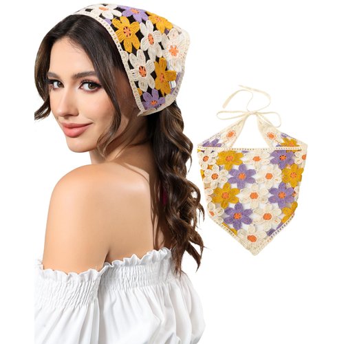 AWAYTR Crochet Head Scarf Hair Bandanas for Women Knit Bandana Headband Scarf Tie-Back Head Coverings Floral Headscarf for Girls (Yellow)
