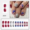 24Pcs Short Square Press on Nails 4th of July Press on Nails Fake Nails Silver Glitter Full Cover Glue on Nails Petite Artificial Glossy Designs Reusable Independence Day False Nails for Women Girls