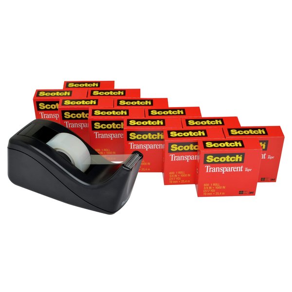 Scotch Transparent Tape with C60 Desktop Dispenser, Versatile, Cuts Cleanly, Engineered for Office and Home Use, 3/4 x 1000 Inches, Boxed, 12 Rolls, 1 Dispenser (600K-C60)