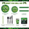Green Video Game Party Supplies 201Pcs Gamer Gaming Party Decoration For Boys Birthday Party Table Cover, Plates, Cups, Napkins, Utensils, Hanging Swirls, Birthday Banner, Cupcake, Topper Cake