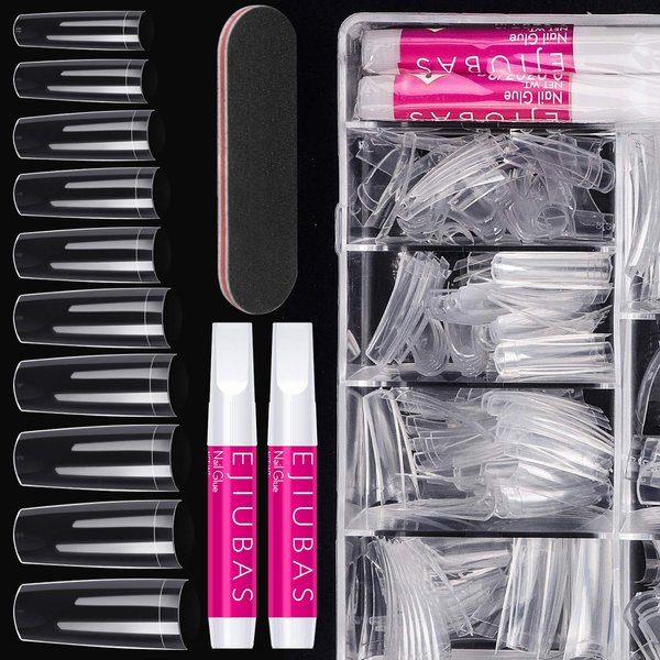 Nail Tips False Nails Kit - Ejiubas 500PCS Clear Nail Tips for Acrylic Nails Fake Nails with Nail Glue 4PCS Nail File With Case for Nail Salons and DIY Nail Art, 10 Sizes