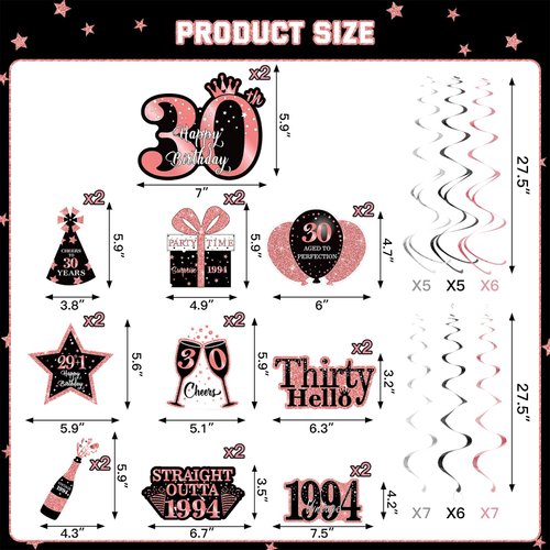 36PCS Rose Gold 30th Birthday Decorations Hanging Swirls for Women,Happy 30th Birthday Party Supplies Vintage 1994 Foil Swirls,Thirty Year Old Birthday Ceiling Hanging Decorations Party Favors Decor