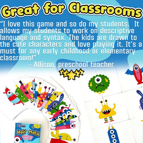 Half Match Minds That Play Monster Edition - Back to School Game for Fun Educational Matching - Memory Card Game for Kids Ages 4-5 - 6-7 - 8-9 - Perfect for Family & Children - Speech Therapy