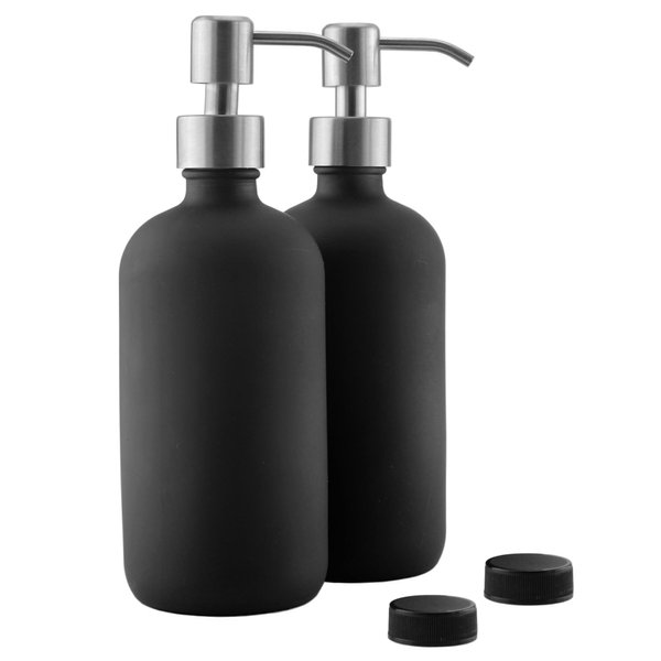 16oz Black Glass Bottles w/Stainless Steel Pumps (2-Pack); Black Coated Boston Round; Lotion, Hand Care & Soap Dispensers