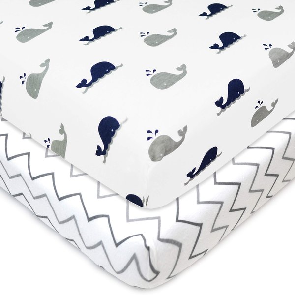 TL Care 2 Pack Fitted Pack N Play Playard Sheet 27" x 39", Soft Breathable Neutral 100% Cotton Jersey Pack and Play Sheet, Navy Whale/Gray Zigzag, for Boys and Girls, Fits Most Mini Crib