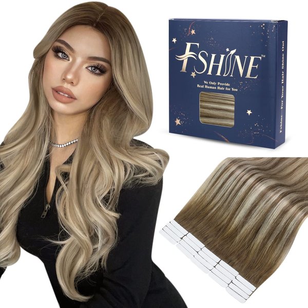 Fshine Tape in Hair Extensions Human Hair Blonde Hair Extensions Balayage Hair Extensions Chestnut Brown to Platinum Blonde and Brown Tape in Extensions 16 Inch Straight Hair Extensions 20pcs 50g