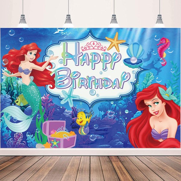 5X3ft Mermaid Happy Birthday Backdrop, Under The Sea Little Mermaid Birthday Party Supplies for Little Mermaid Party Decorations Happy Birthday Banner Ocean Theme Party Decor