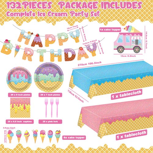 Lonfliness 132Pcs Ice Cream Party Decorations Set Ice Cream Party Supplies Tableware Kit Ice Cream Paper Plates, Napkins, Tablecloth,Banner for Kids Girls for Party , Birthday, Baby Shower Serve 25