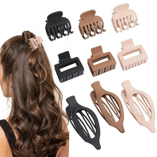 Mehayi 9 Pack Matte Hair Clips for Women and Girls, 3 Styles Colors Nonslip Small Cute Jaw Clips Strong Hold for Thick Thin Fine Long Hair, Fashion Acrylic Hair Clamps Hair Styling Accessories
