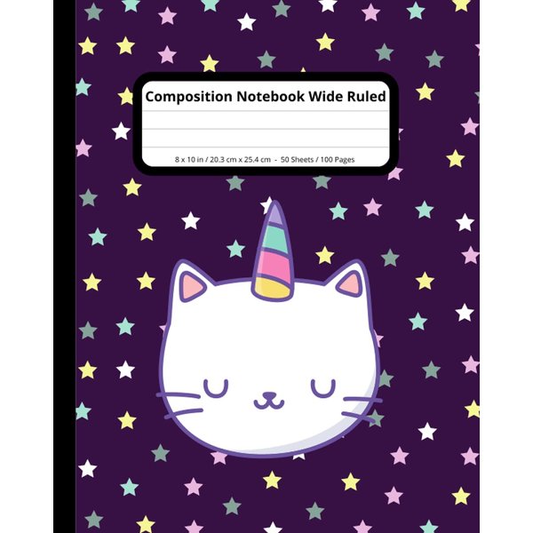 Cute Kawaii 8 x 10 inch, Wide Ruled Composition Notebook Journal: (11/32” / 0.9 cm lines), 8 x 10 inch / 20.3 x 25.4 cm. 50 Sheets / 100 pages. Unicorn Cat, Purple Caticorn