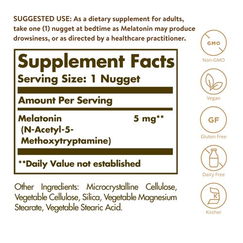 Solgar Melatonin 5 mg, 120 Nuggets - Helps Promote Relaxation & Sleep - Clinically-Studied Melatonin - Supports Natural Sleep Cycle - Vegan, Gluten Free, Dairy Free, Kosher - 120 Servings
