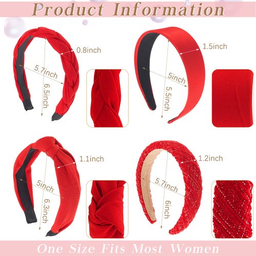 4 Pcs Red Headband Red Accessories Knotted Headband Criss Cross Hair Accessories Satin Headband Red Velvet Braided Headband for Women Girls Chinese New Year Valentine's Day Christmas (Lovely Style)