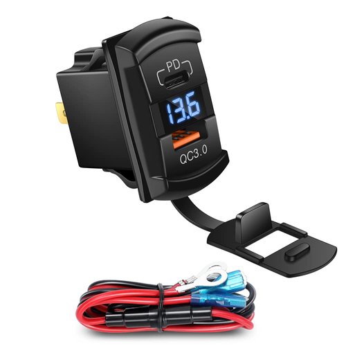 CNAODUN USB Rocker Switch USB C Charger Socket with Waterproof Cover Dual PD and QC3.0 12V/24V Blue Led Voltmeter for Rocker Type Marine Switch Panel On Marine Rv Vehicles…