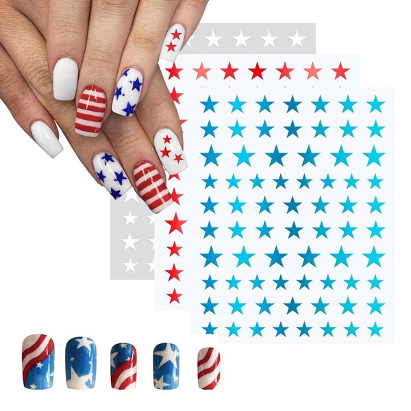 9 Sheets Red Blue White Star Nail Stickers 3D Self Adhesive Glitter Stars Nail Decals Independence Day Patriotic Designs Nail Art Supplies for Women Girls Kids 4th of July Manicure Decoration