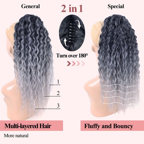YIBANG Ombre Gray Ponytail Hair Extensions hairpiece - for black women Drawstring Long Curly Pony Tail Hair Extainson Fake Ponytail Clip in Ponytail