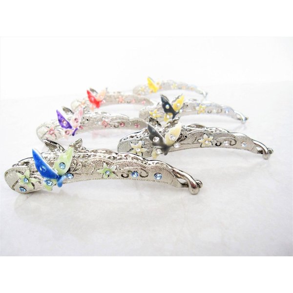 Generic Slim silver metal filigree flower butterfly banana hair claw clips with jewels Set B (Primary color: Pink)