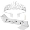 Semato Birthday Crown and Sweet 16 Sash Glitter Kit for Girls - Silver Metal Costume Circlet, Gold Shiny Cloth Sash with Pearl Pin - 16th Birthday Party Supplies and Favors