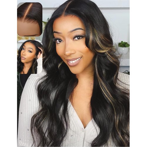 UNICE Bye Bye Knots Glueless Wig Body Wave 7x5 Pre Cut Lace Front Wigs Human Hair Bleached Knots Balayage Black Blonde Highlights Put on and Go Human Hair Wig Pre Plucked 150% Density 20 inch
