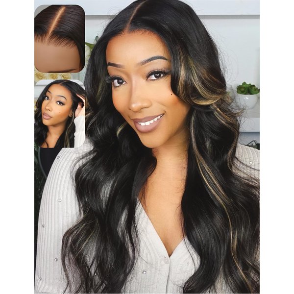 UNICE Bye Bye Knots Glueless Wig Body Wave 7x5 Pre Cut Lace Front Wigs Human Hair Bleached Knots Balayage Black Blonde Highlights Put on and Go Human Hair Wig Pre Plucked 150% Density 20 inch
