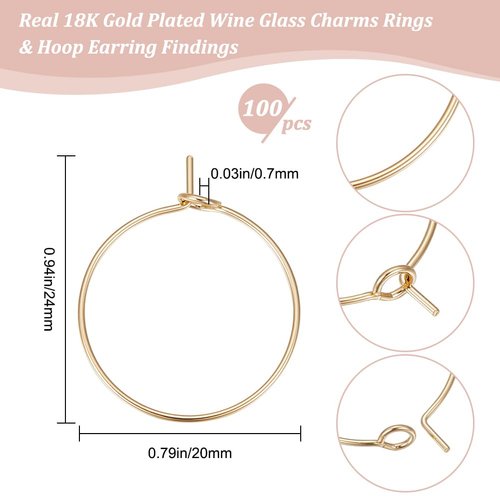 Beebeecraft 1 Box 100Pcs Hoop Earring Findings 18K Gold Plated 20mm Wine Glass Charms Rings with 0.7mm Pin DIY Earring Beading for Hoop Earrings Making