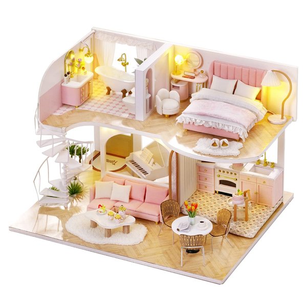 TuKIIE DIY Miniature Dollhouse Kit with Furniture, 1:24 Scale Creative Room Mini Wooden Doll House Accessories Plus Dust Proof & Music Movement for Kids Teens Adults(Whisper in The Morning)