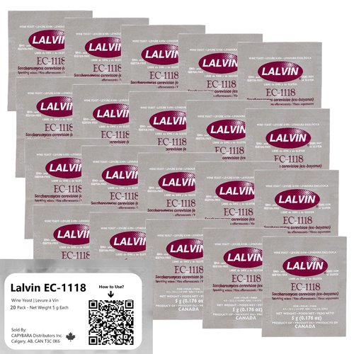 Lalvin EC-1118 Wine Yeast (20 Pack) - Champagne Yeast - Make Wine Cider Mead Kombucha At Home - 5 g Sachets - Saccharomyces cerevisiae - Sold by CAPYBARA Distributors Inc.