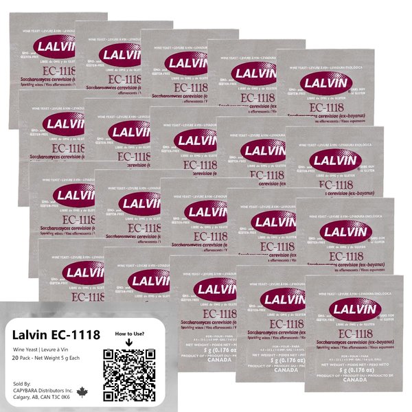 Lalvin EC-1118 Wine Yeast (20 Pack) - Champagne Yeast - Make Wine Cider Mead Kombucha At Home - 5 g Sachets - Saccharomyces cerevisiae - Sold by CAPYBARA Distributors Inc.