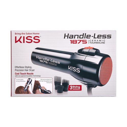 KISS Handle-Less 1875W Ceramic Tourmaline Hair Dryer, Effortless Styling Precision Blow Dryer, Cool Touch Nozzle, Triple-Layer Heat Insulation Technology, Heat Resistant Cap, 3 Styling Attachments