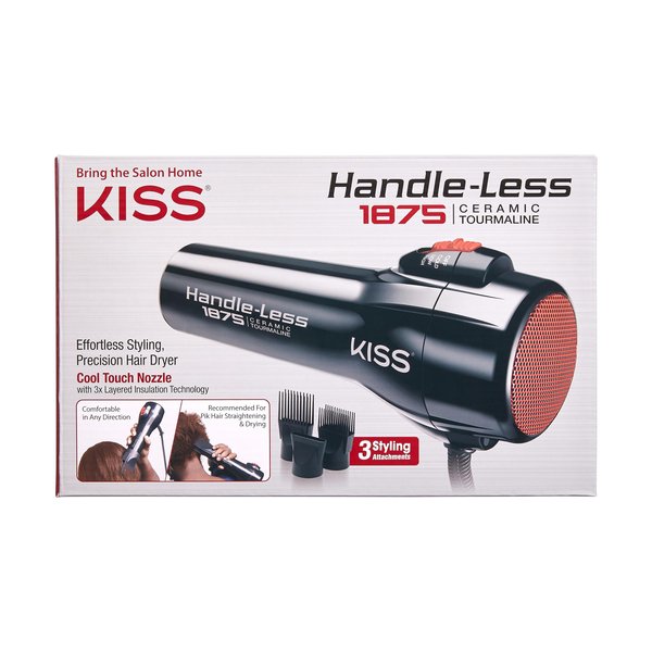 KISS Handle-Less 1875W Ceramic Tourmaline Hair Dryer, Effortless Styling Precision Blow Dryer, Cool Touch Nozzle, Triple-Layer Heat Insulation Technology, Heat Resistant Cap, 3 Styling Attachments