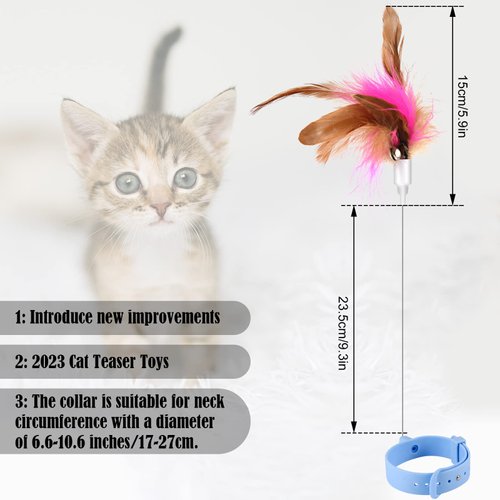 Cat Teasing Wand, Cat Teaser Wand Toy Silicone Adjustable Cat Feather Collar Toys with Bell Cat Interactive Teaser Toys for Indoor Cat Kittens Playing Exercise (Blue)