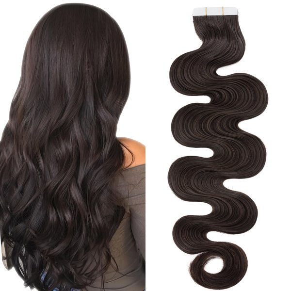 SEGO 14 Inch Tape In Hair Extensions 20pcs 40g /Dark Brown-Body Wave//Ombre 100% Remy Human Hair Balayage Rooted Hair Invisible Seamless Skin Weft Double Side Tape for Women