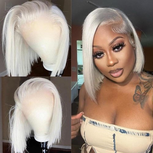 RHAH Glueless Wigs Human Hair 60# Grey Platinum Blonde Bob Wigs for Black Women 13x4 HD Transparent Lace Front Wigs 10 Inch Silky Straight Ash Blonde Wig Human Hair with Baby Hair Pre plucked Frontal