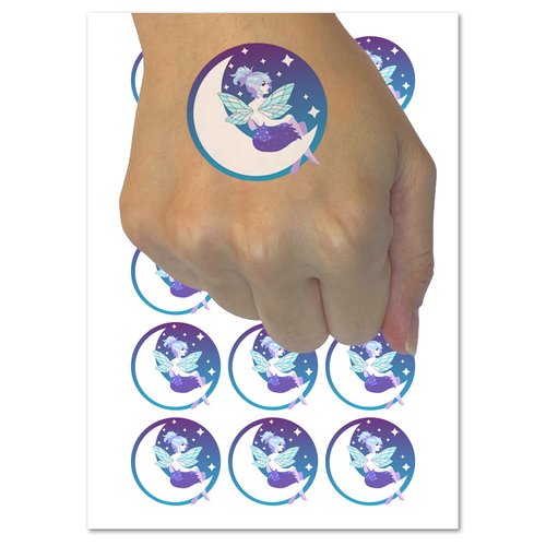 Fairy With Butterfly Wings Sitting on Moon Fantasy Temporary Tattoo Water Resistant Fake Body Art Set Collection - 15 2" Tattoos (1 Sheet)