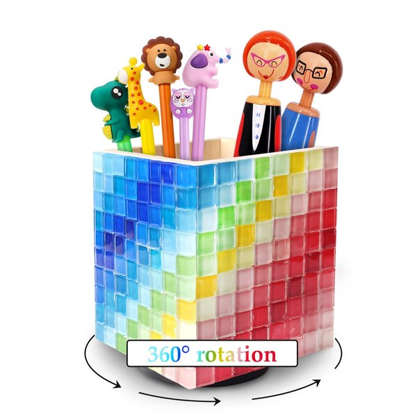 XinChout Glass Mosaic Tile DIY Kit with Wood Rotating Pen Holder Square Crystal Mosaic Supplies Art Kit for Adults Kids Handmade Crafts Set Material Pack Pen Cup Home Decor Gifts(Black White Mix)