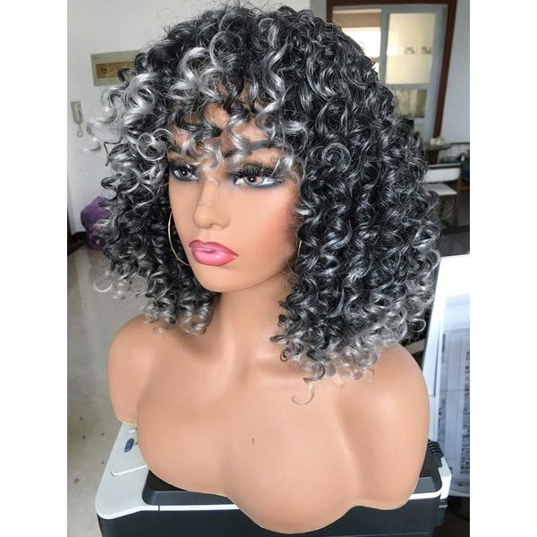 PRETTIEST Afro Curly Wigs with Bangs for Black Women Kinky Curly Wig for Daily Wear (Ombre Grey)