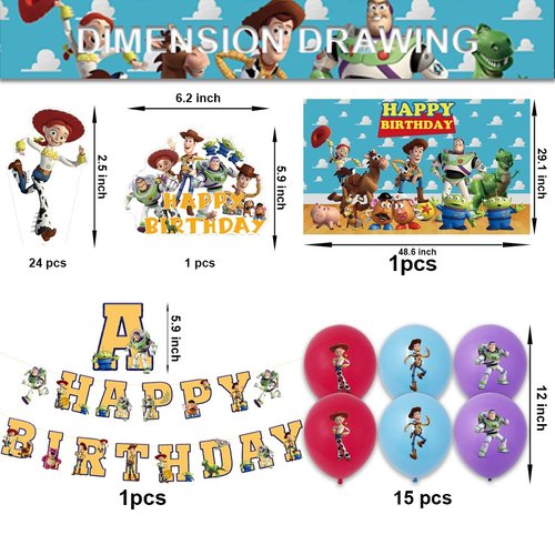 42pcs Toy Birthday Party Supplies Pack Includes，Banner，Cake Topper，Blackdrop,Balloons for Toy party supplies